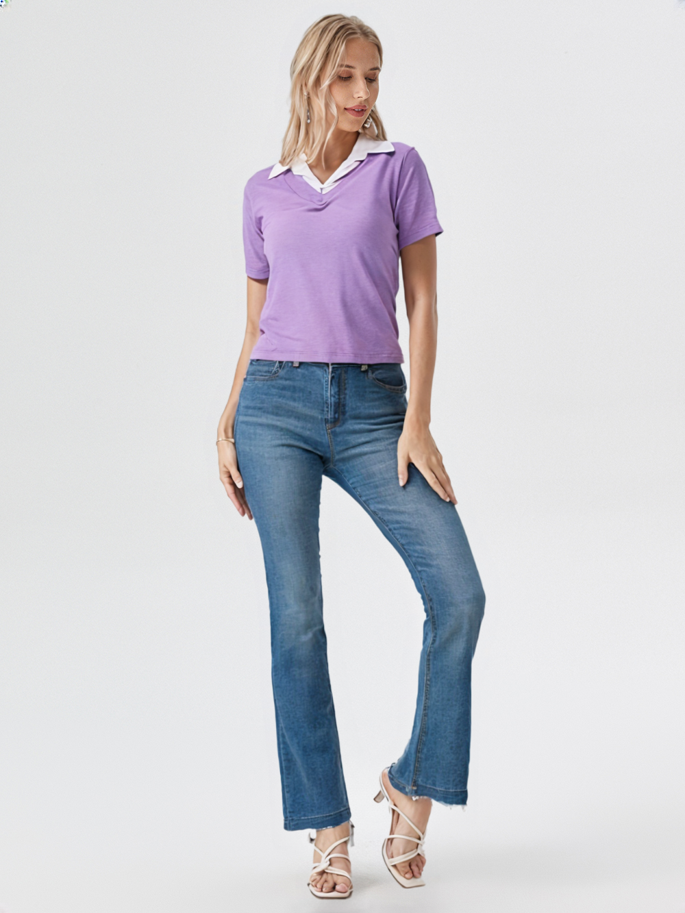 Lavender Ribbed Knit Polo Collar Top for Women – Elegant V-Neck Slim Fit