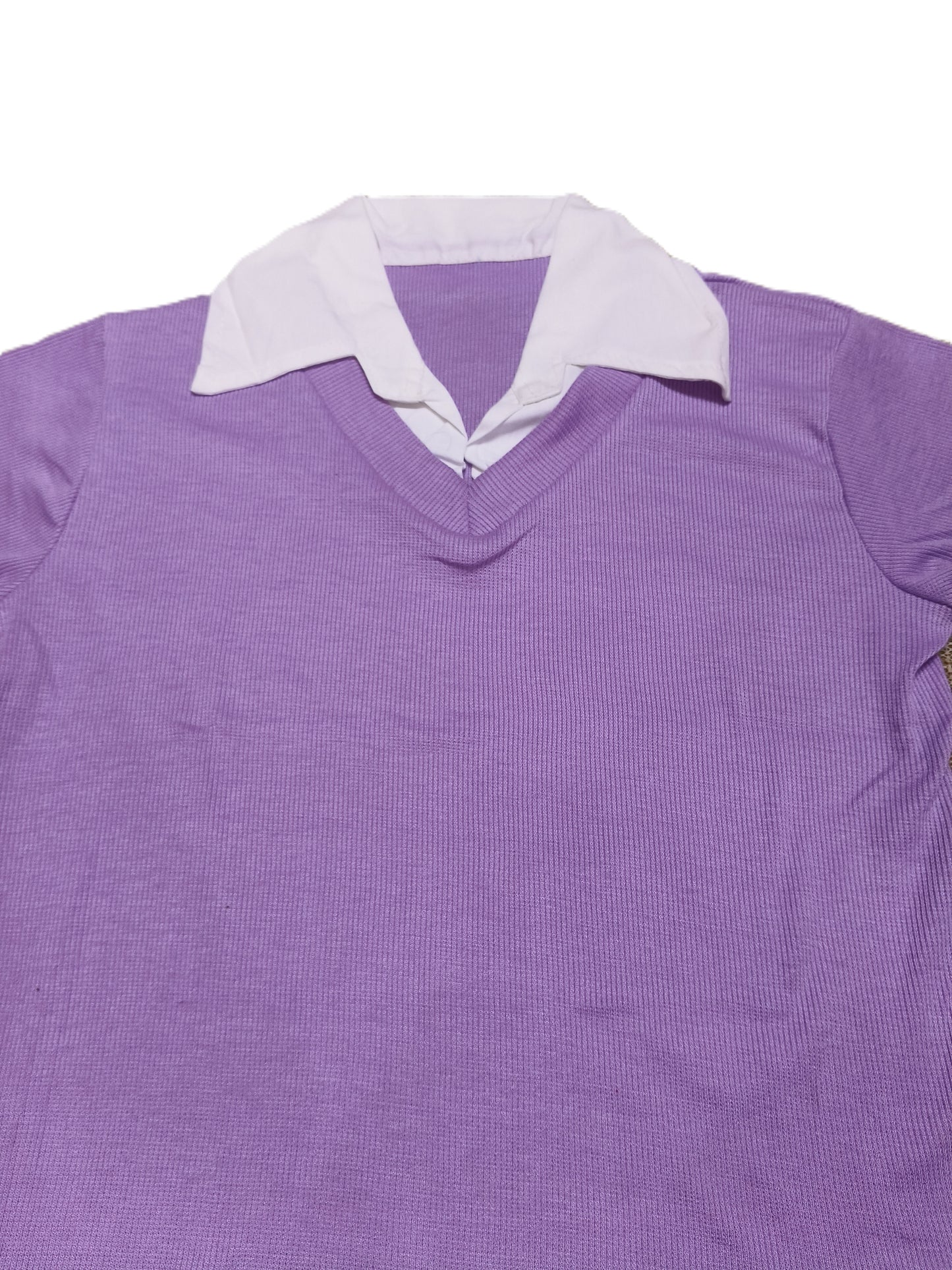 Lavender Ribbed Knit Polo Collar Top for Women – Elegant V-Neck Slim Fit