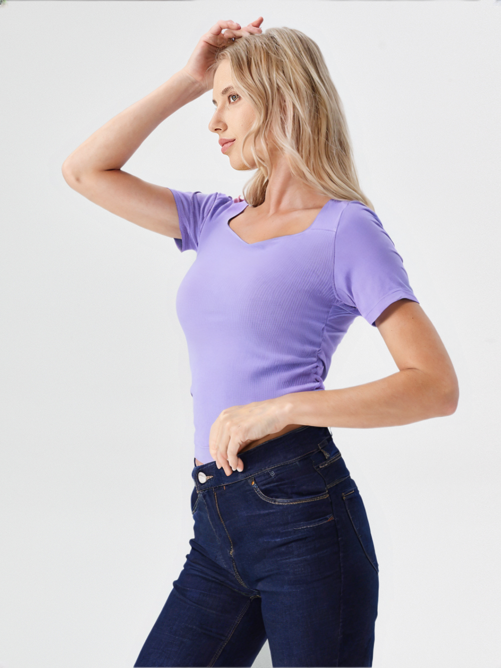Lilac Ribbed Knit Top with Asymmetric Neck for Women’s – Soft Stretch Fitted Casual Wear