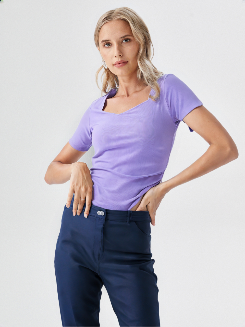 Lilac Ribbed Knit Top with Asymmetric Neck for Women’s – Soft Stretch Fitted Casual Wear