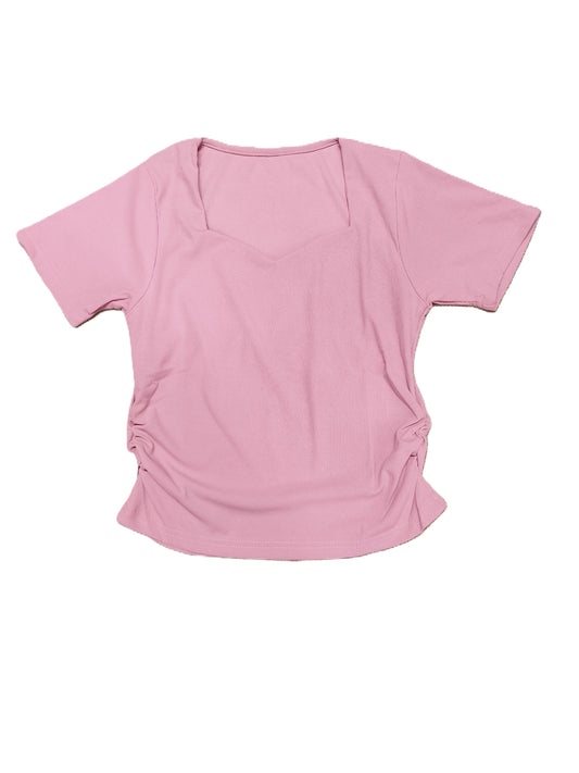 Pink Ribbed Knit Top with Unique Notch Neckline & Ruched Sides for Women's