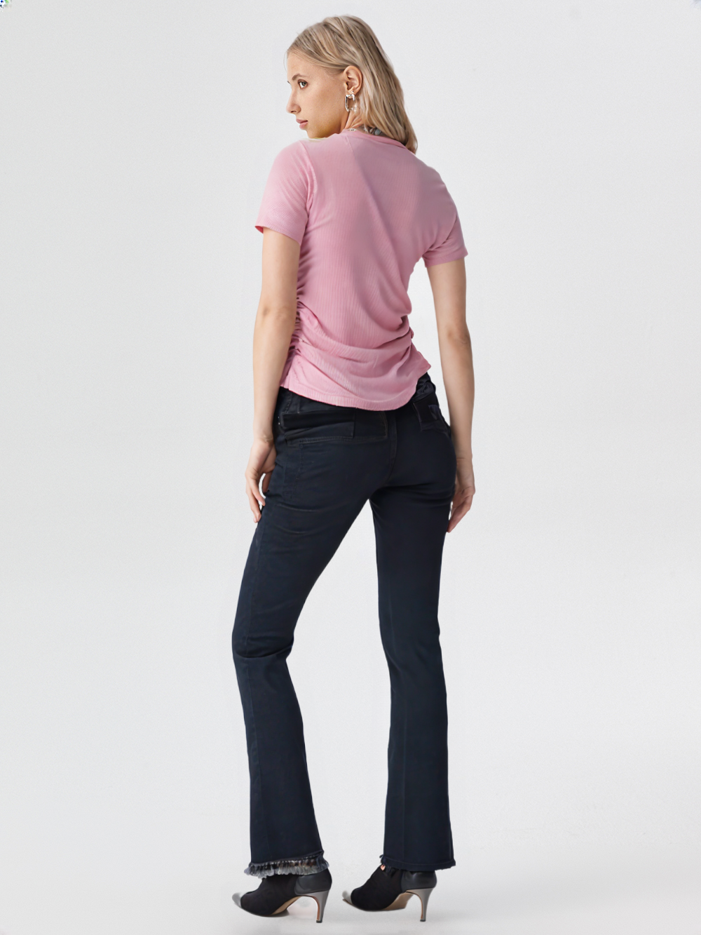 Pink Ribbed Knit Top with Unique Notch Neckline & Ruched Sides for Women's