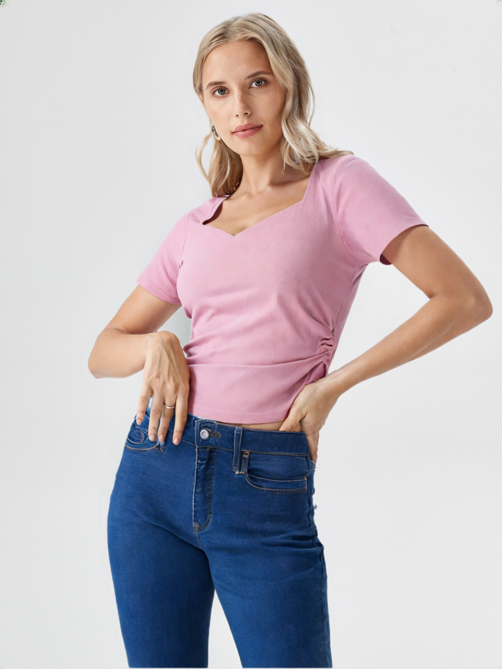 Pink Ribbed Knit Top with Unique Notch Neckline & Ruched Sides for Women's