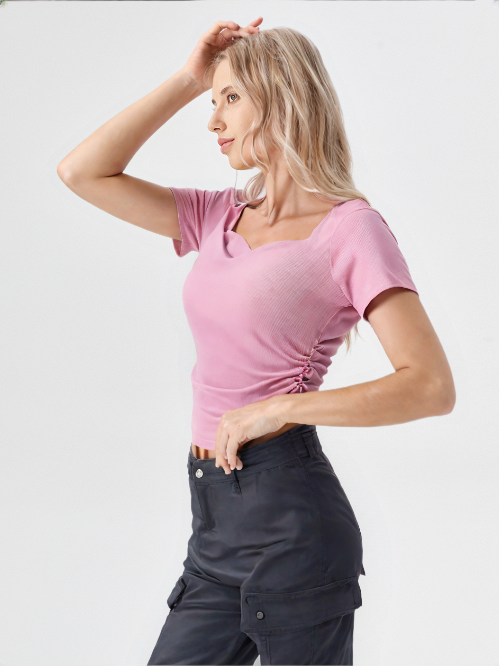Pink Ribbed Knit Top with Unique Notch Neckline & Ruched Sides for Women's