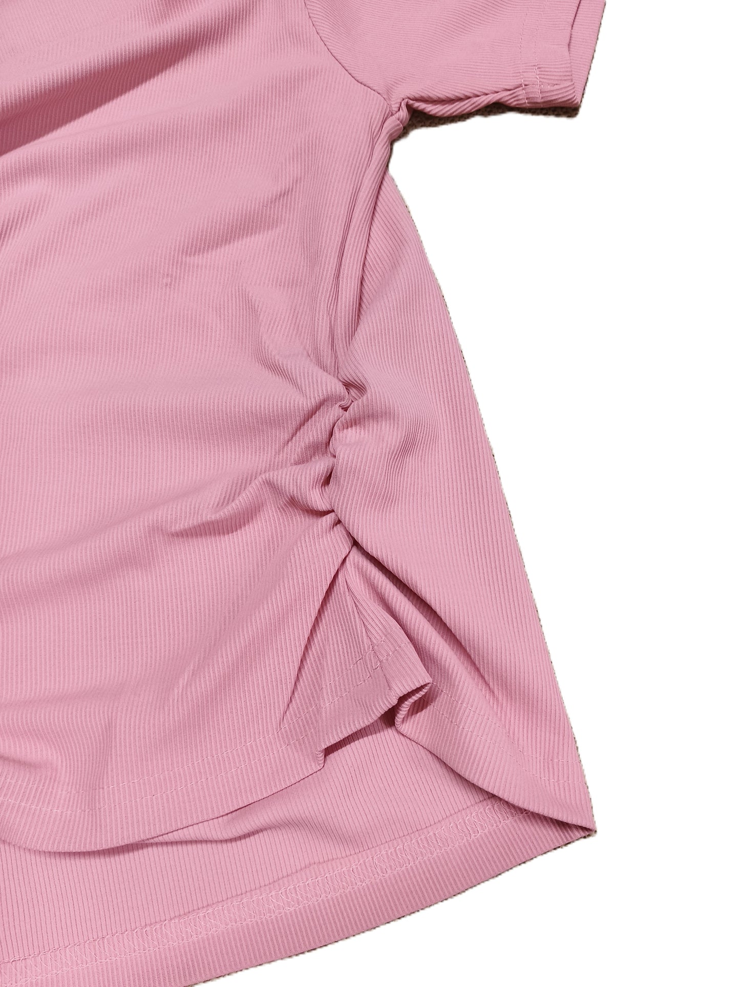 Pink Ribbed Knit Top with Unique Notch Neckline & Ruched Sides for Women's