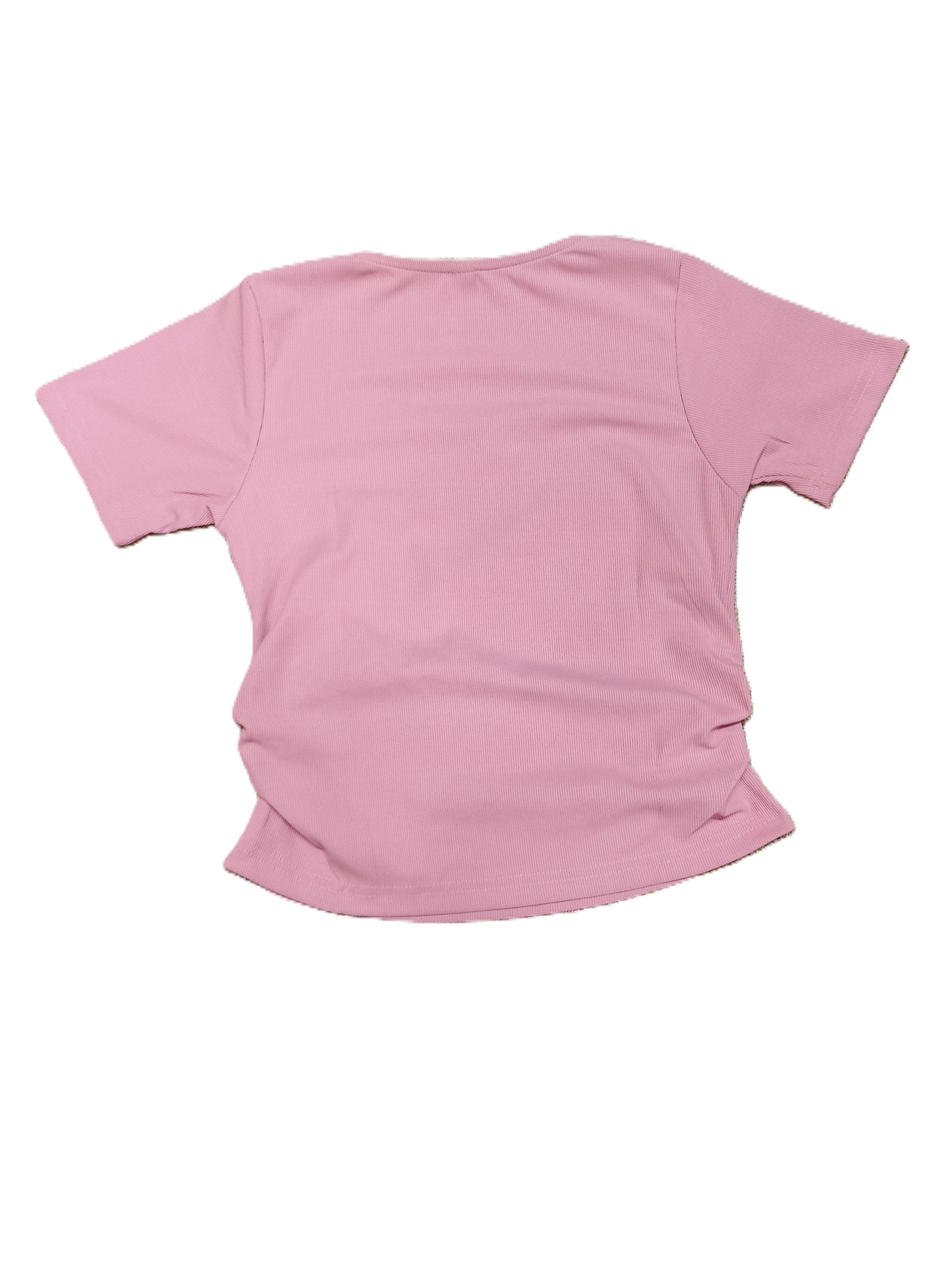 Pink Ribbed Knit Top with Unique Notch Neckline & Ruched Sides for Women's