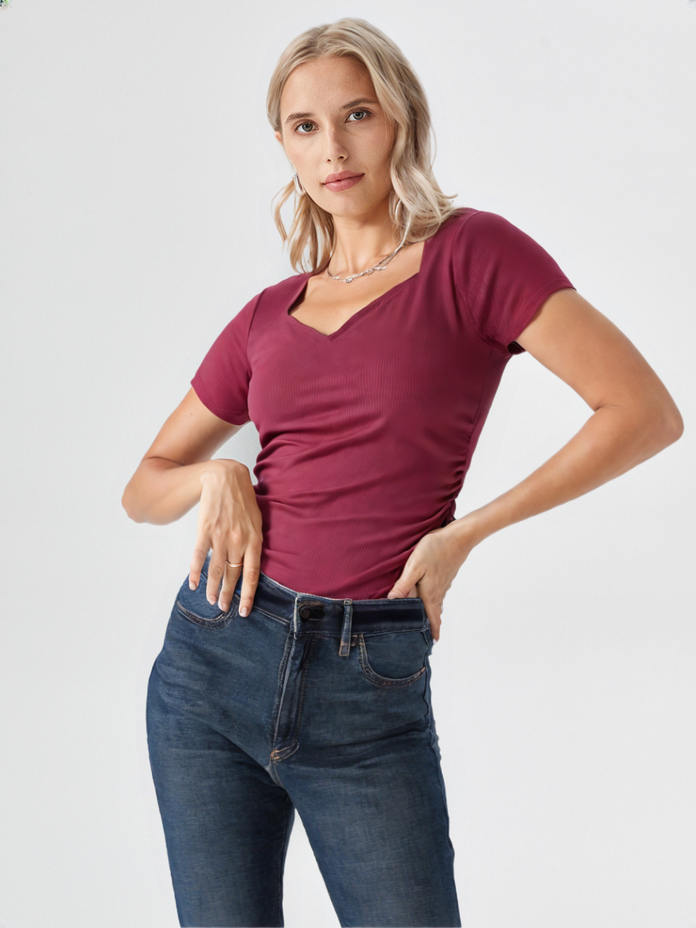 Maroon Solid Ribbed Knit Top with Stylish Square Neck for Women's