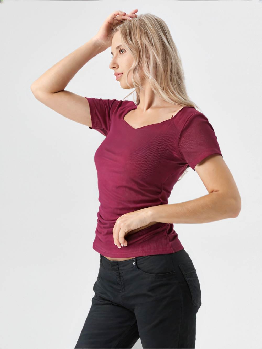 Maroon Solid Ribbed Knit Top with Stylish Square Neck for Women's