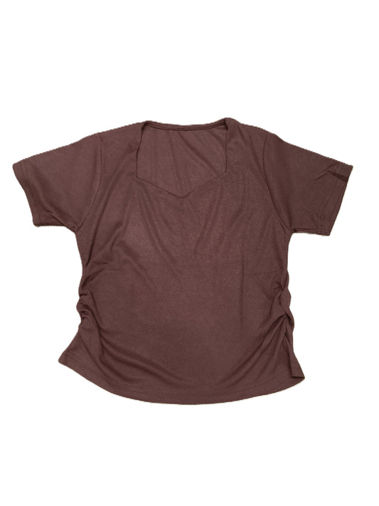 Brown Ribbed Knit Top – Stylish Sweetheart Neck Ruched Tee for Women's
