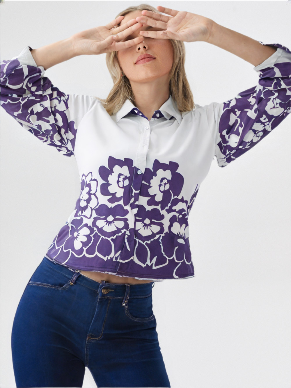 White & Purple Floral Short Shirt for Women’s | Stylish Cropped Button-Down