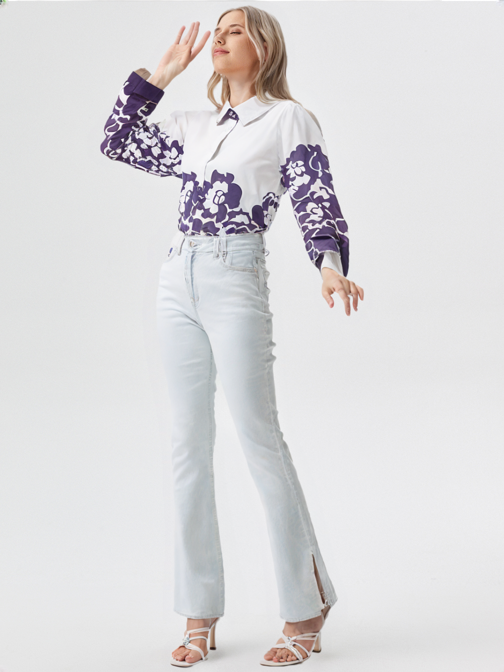 White & Purple Floral Short Shirt for Women’s | Stylish Cropped Button-Down