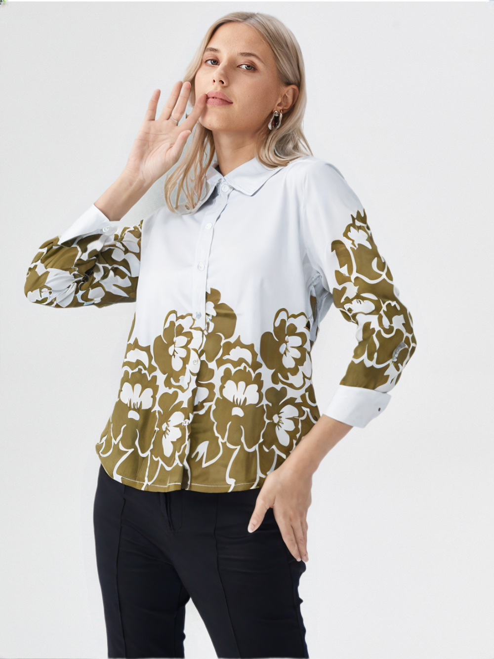 Olive Floral Printed Short Shirt for Women's – Casual Button-Down with Full Sleeves