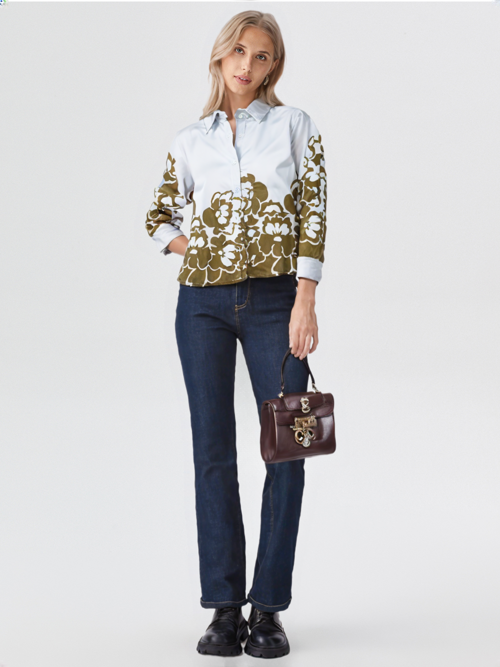 Olive Floral Printed Short Shirt for Women's – Casual Button-Down with Full Sleeves