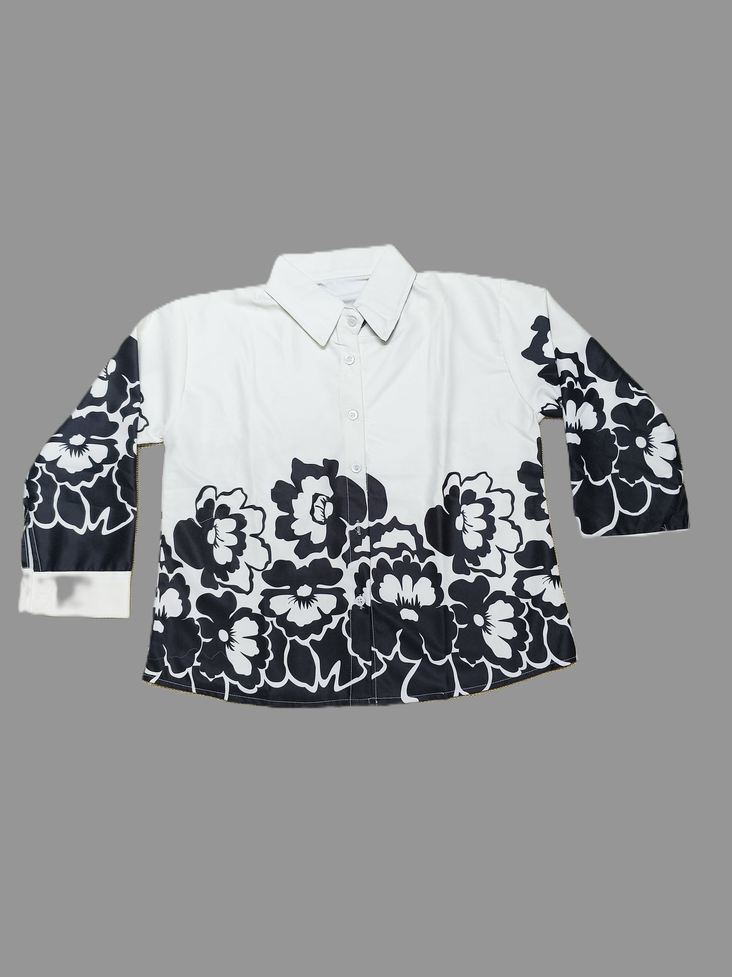Black & White Floral Print Short Shirt with Full Sleeves for Women's – Elegant Casual Wear