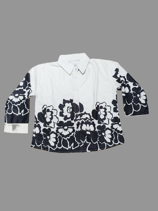 Black & White Floral Print Short Shirt with Full Sleeves for Women's – Elegant Casual Wear