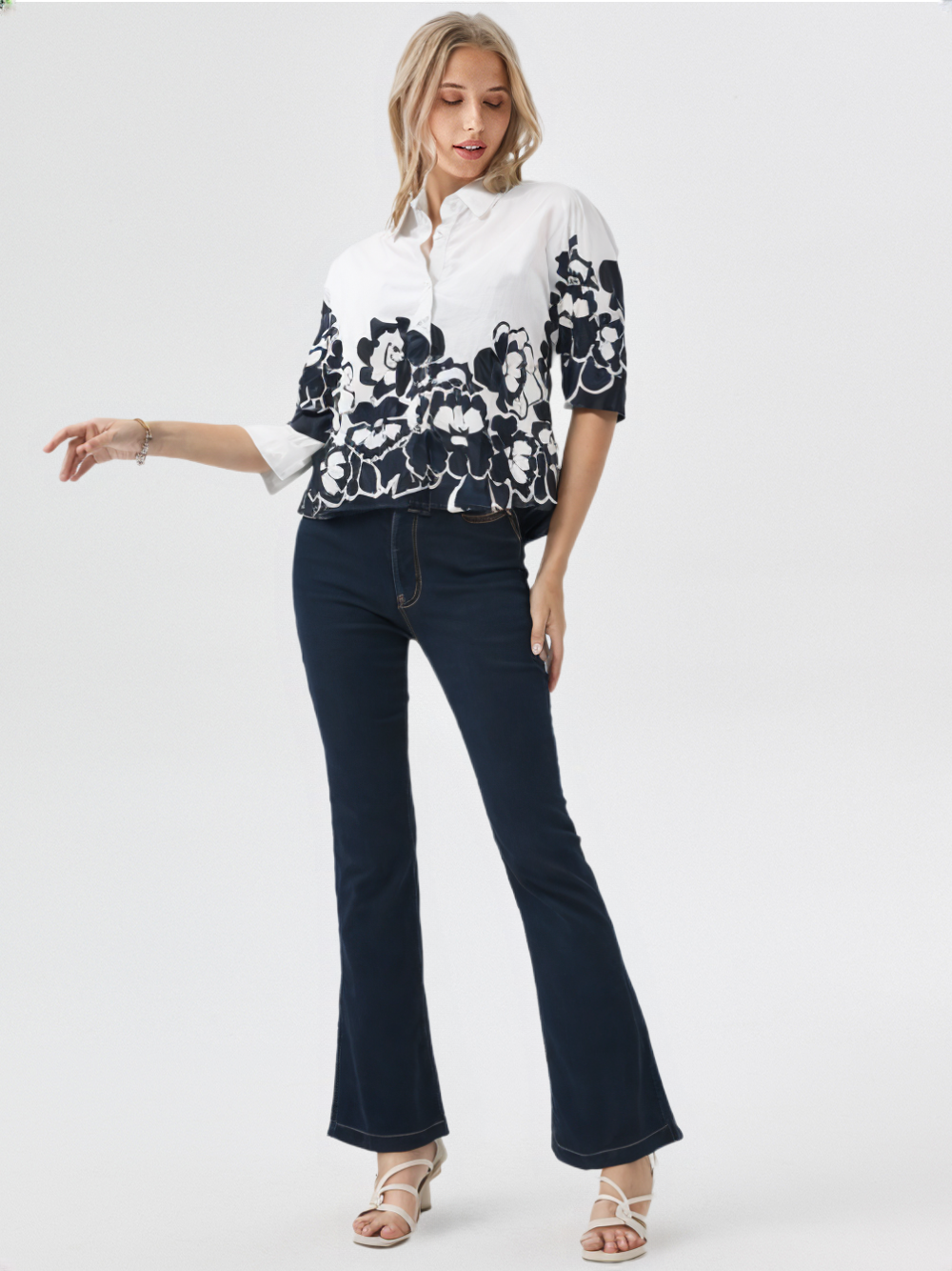 Black & White Floral Print Short Shirt with Full Sleeves for Women's – Elegant Casual Wear