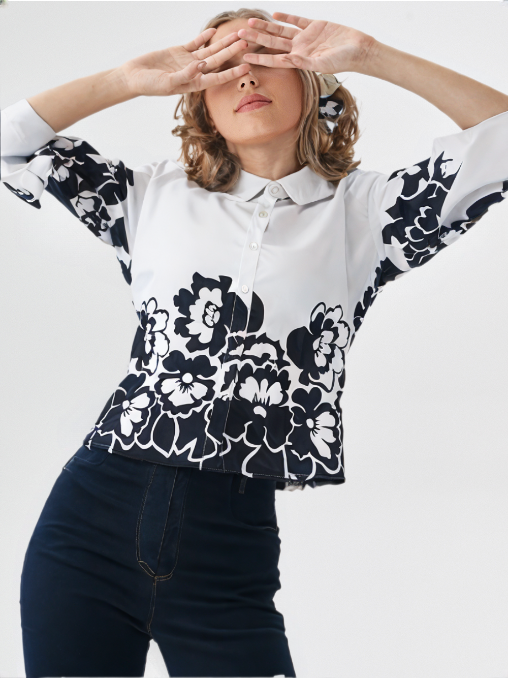 Black & White Floral Print Short Shirt with Full Sleeves for Women's – Elegant Casual Wear