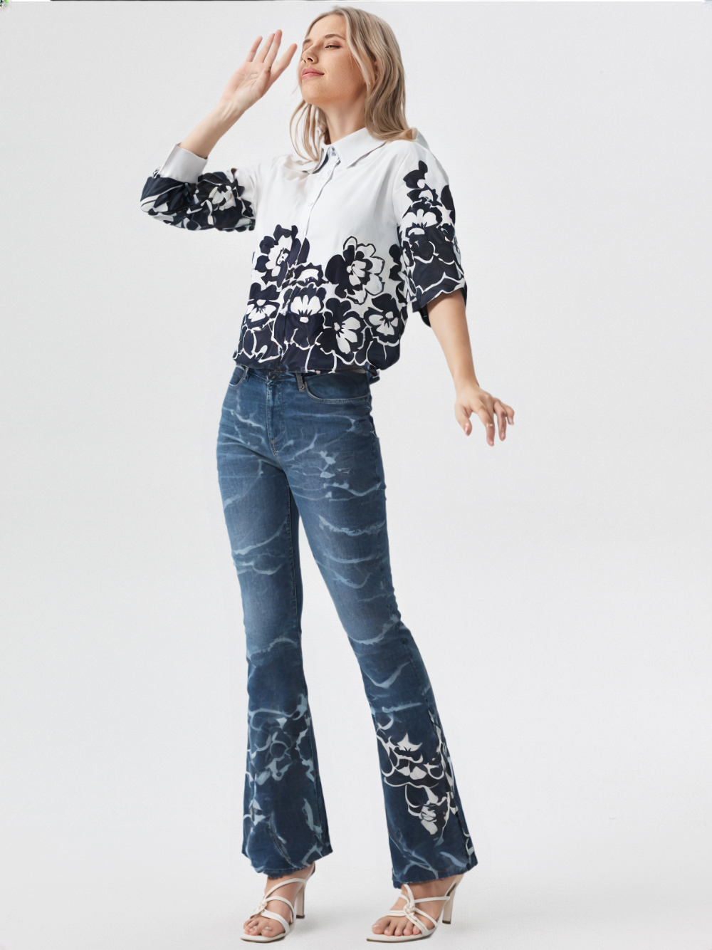 Black & White Floral Print Short Shirt with Full Sleeves for Women's – Elegant Casual Wear