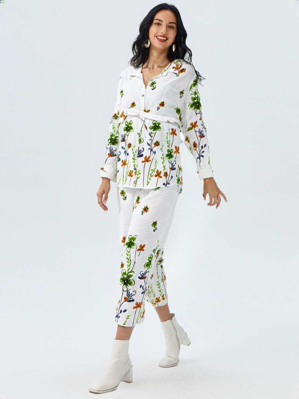 White Floral Printed Cotton Co-ord Set for Women | Casual Loungewear Set