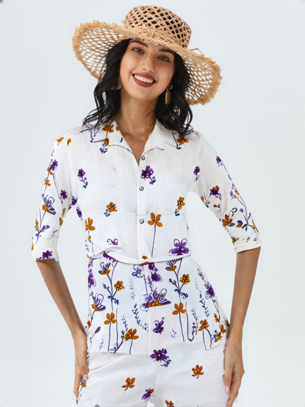 White Floral Printed Co-Ord Set for Women – Cotton Casual Shirt & Pant Combo