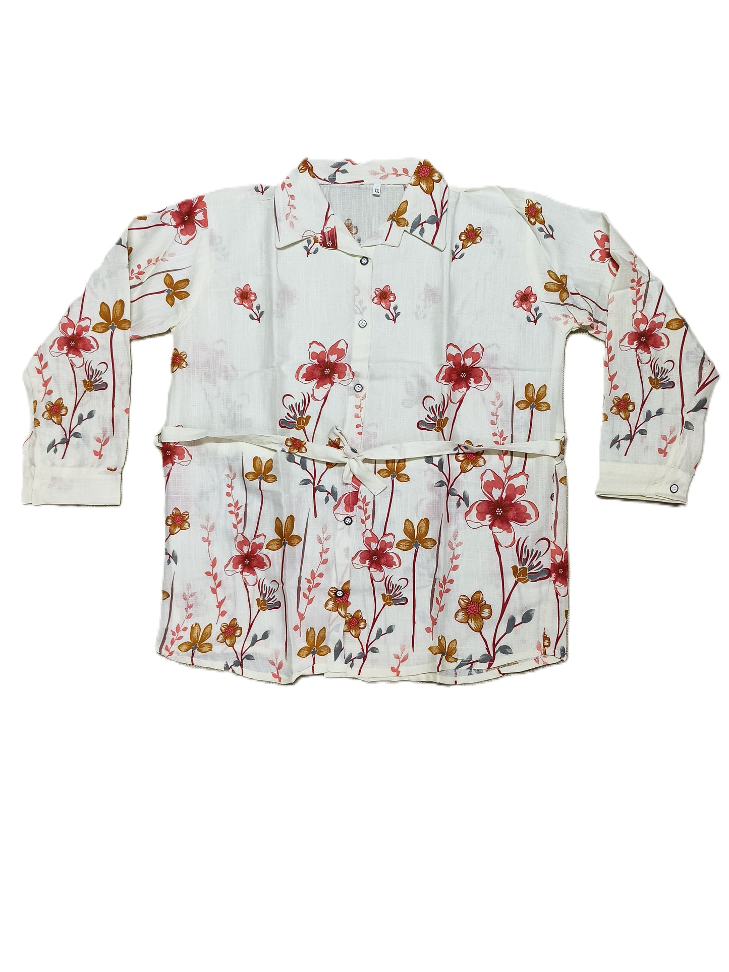 White Floral Co-ord Set with Red & Mustard Print | Stylish 2-Piece Casual Outfit for Women's