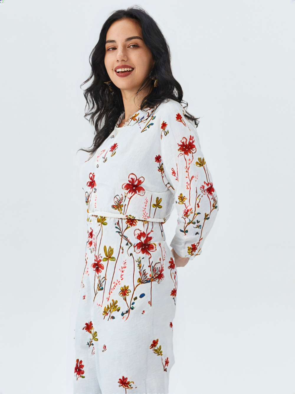 White Floral Co-ord Set with Red & Mustard Print | Stylish 2-Piece Casual Outfit for Women's