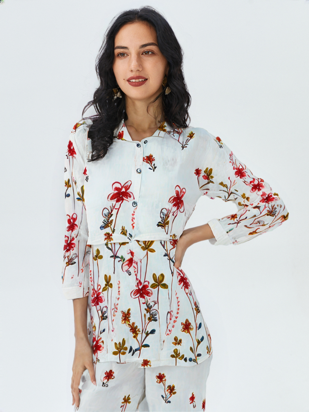 White Floral Co-ord Set with Red & Mustard Print | Stylish 2-Piece Casual Outfit for Women's