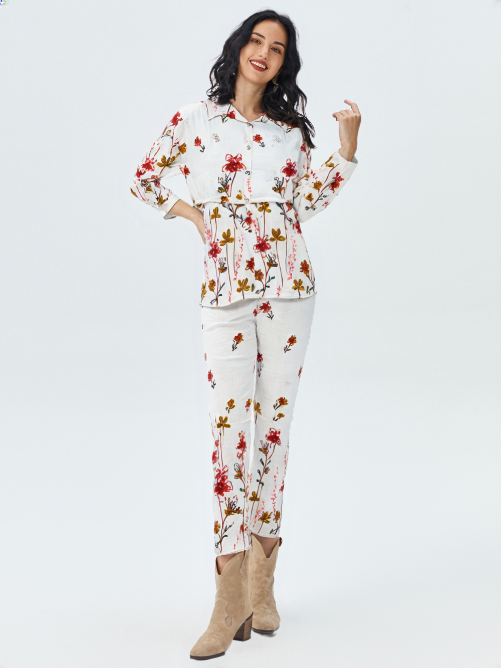 White Floral Co-ord Set with Red & Mustard Print | Stylish 2-Piece Casual Outfit for Women's