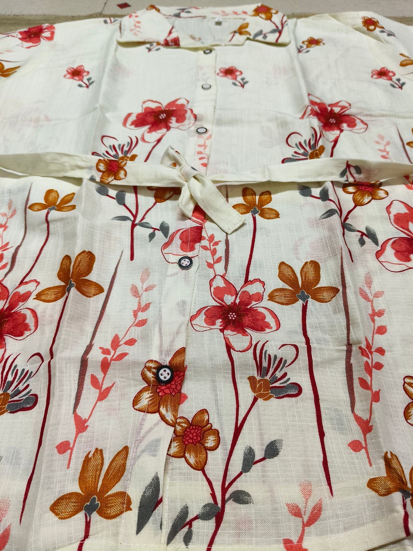 White Floral Co-ord Set with Red & Mustard Print | Stylish 2-Piece Casual Outfit for Women's