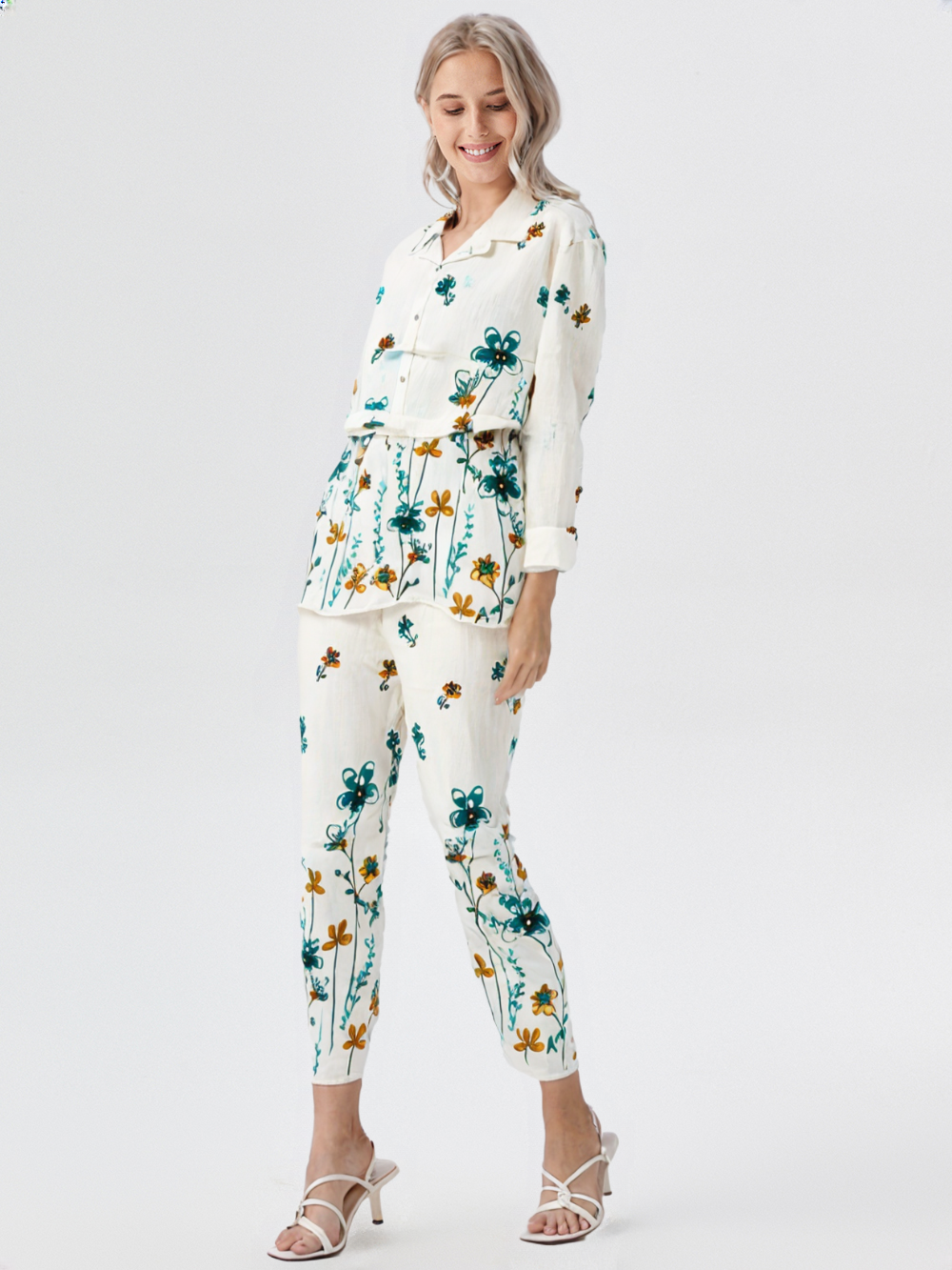 White & Teal Floral Cotton Co-ord Set | Casual Summer Co-ord with Belt for Women's