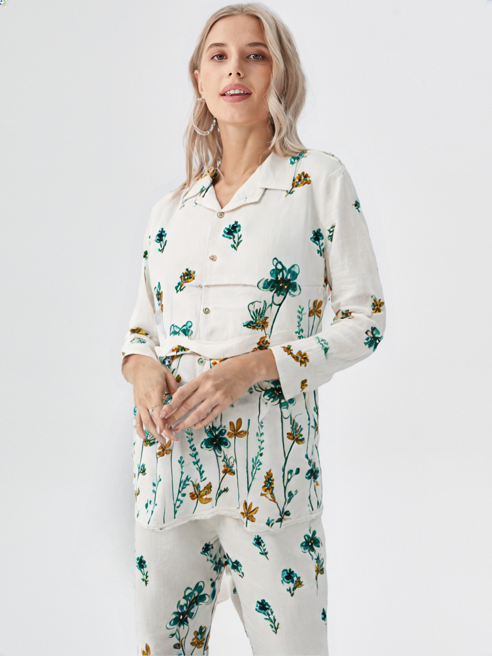 White & Teal Floral Cotton Co-ord Set | Casual Summer Co-ord with Belt for Women's