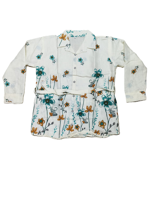 White & Teal Floral Cotton Co-ord Set | Casual Summer Co-ord with Belt for Women's