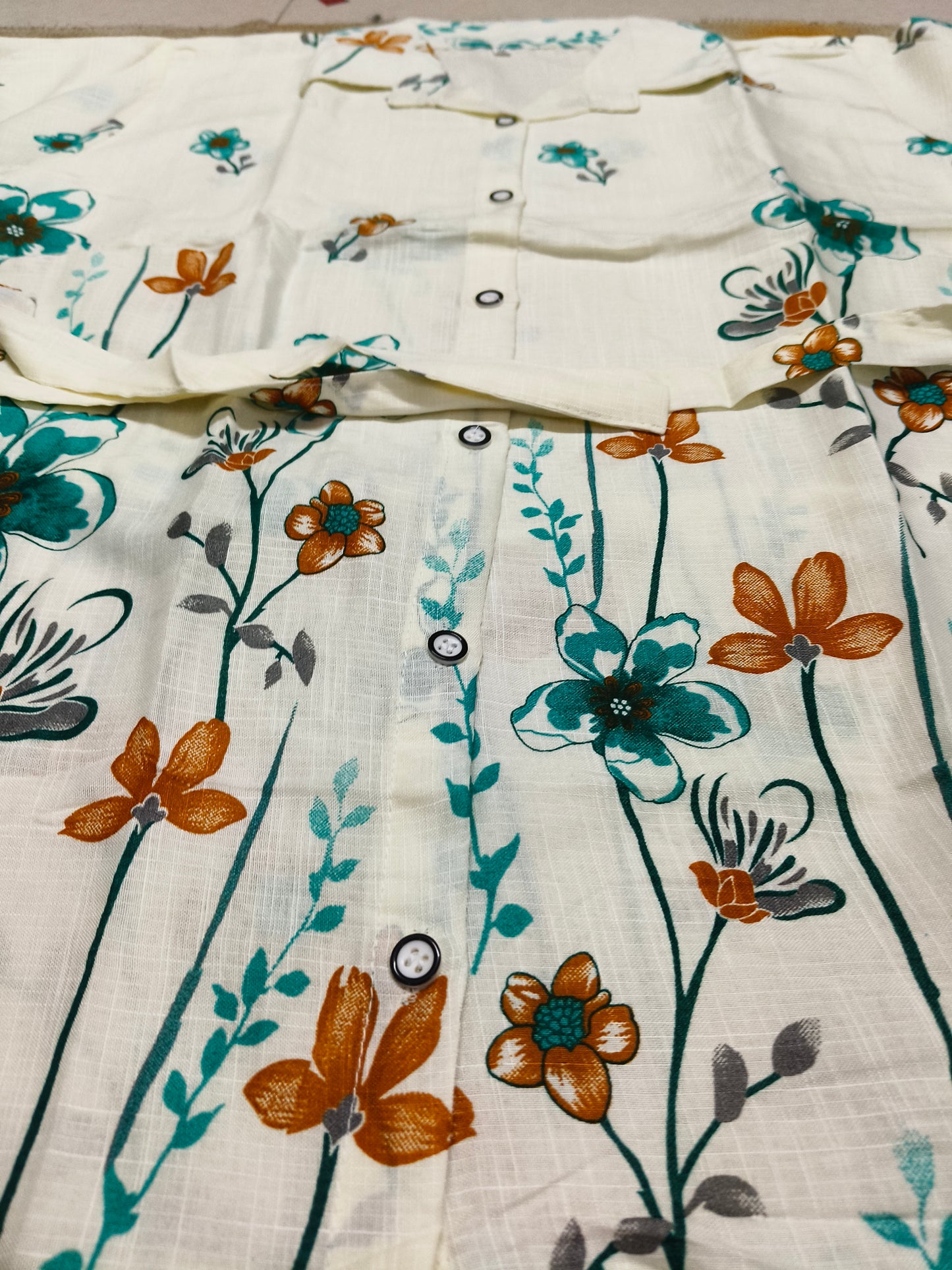 White & Teal Floral Cotton Co-ord Set | Casual Summer Co-ord with Belt for Women's