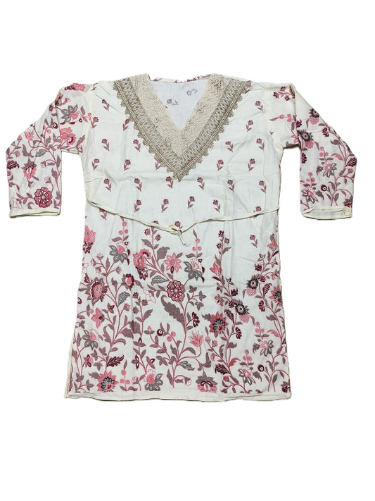 Elegant White Cotton Co-ord Set with Pink Floral Embroidery & Lace Neckline – Summer Ethnic Wear for Women