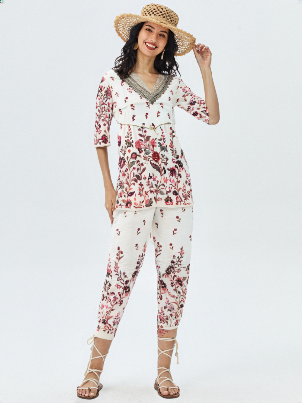 Elegant White Cotton Co-ord Set with Pink Floral Embroidery & Lace Neckline – Summer Ethnic Wear for Women
