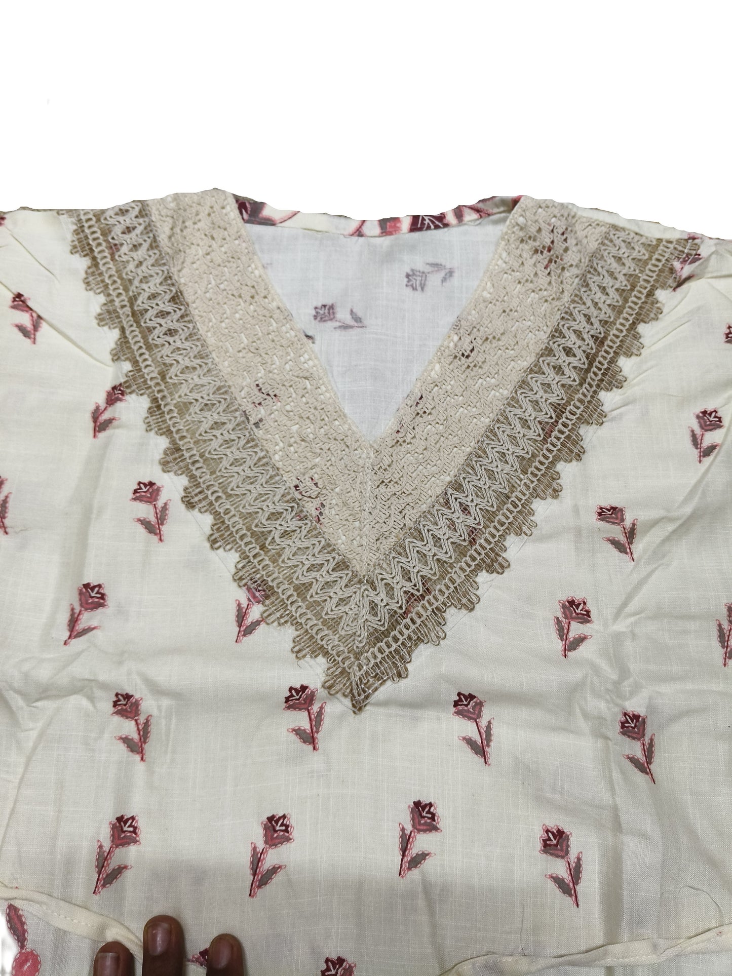 Elegant White Cotton Co-ord Set with Pink Floral Embroidery & Lace Neckline – Summer Ethnic Wear for Women