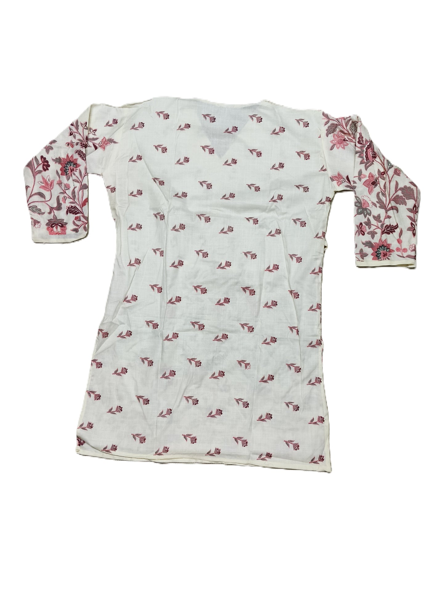 Elegant White Cotton Co-ord Set with Pink Floral Embroidery & Lace Neckline – Summer Ethnic Wear for Women
