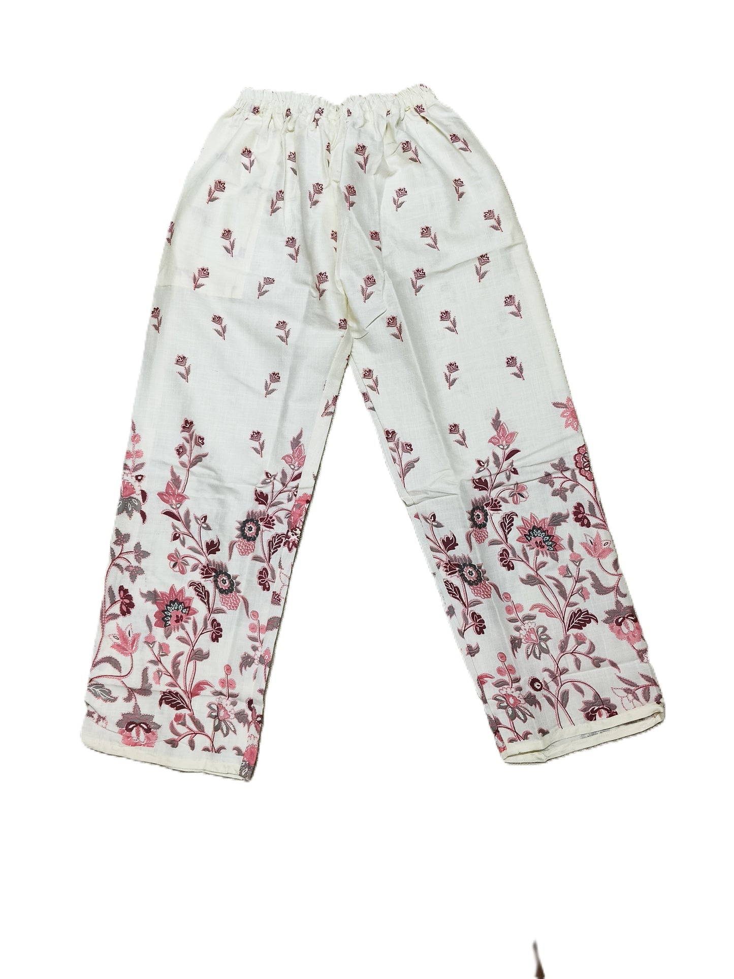 Elegant White Cotton Co-ord Set with Pink Floral Embroidery & Lace Neckline – Summer Ethnic Wear for Women