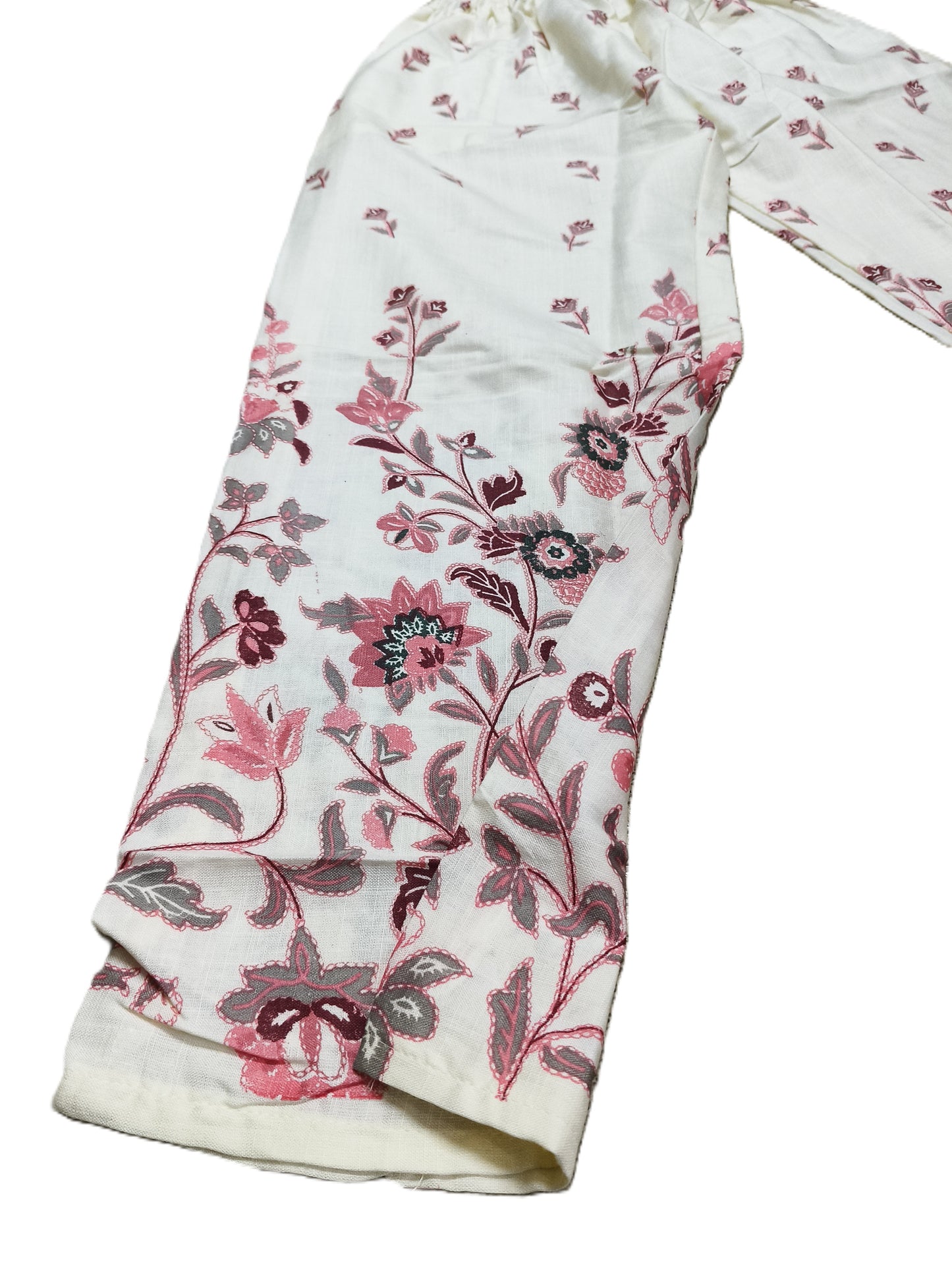 Elegant White Cotton Co-ord Set with Pink Floral Embroidery & Lace Neckline – Summer Ethnic Wear for Women