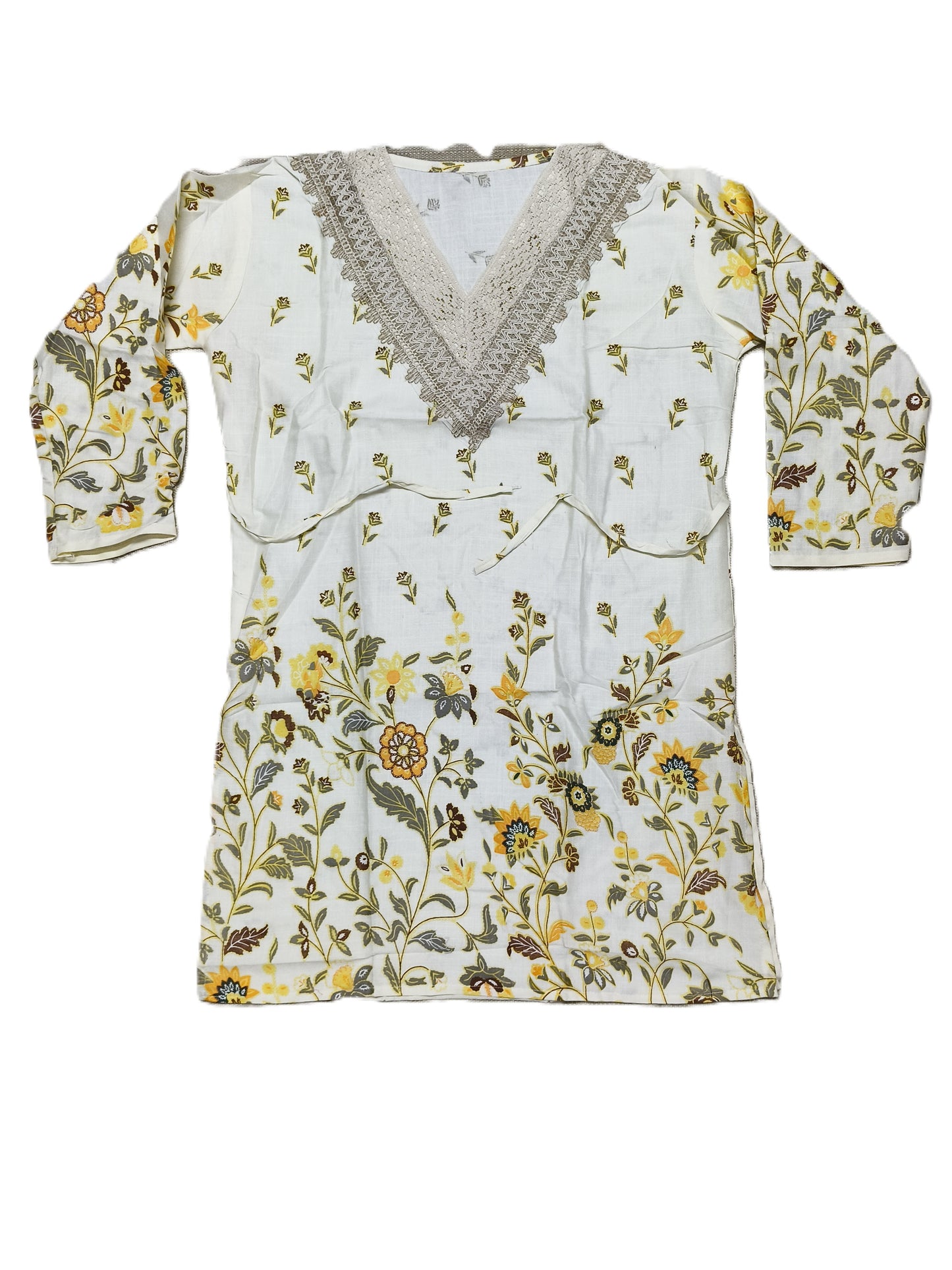 Sunflower Yellow Floral Co-Ord Set with Crochet Lace Neck – Summer Cotton Coord for Women