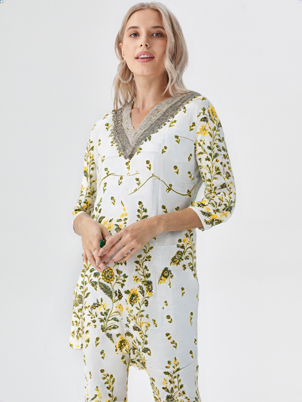 Sunflower Yellow Floral Co-Ord Set with Crochet Lace Neck – Summer Cotton Coord for Women