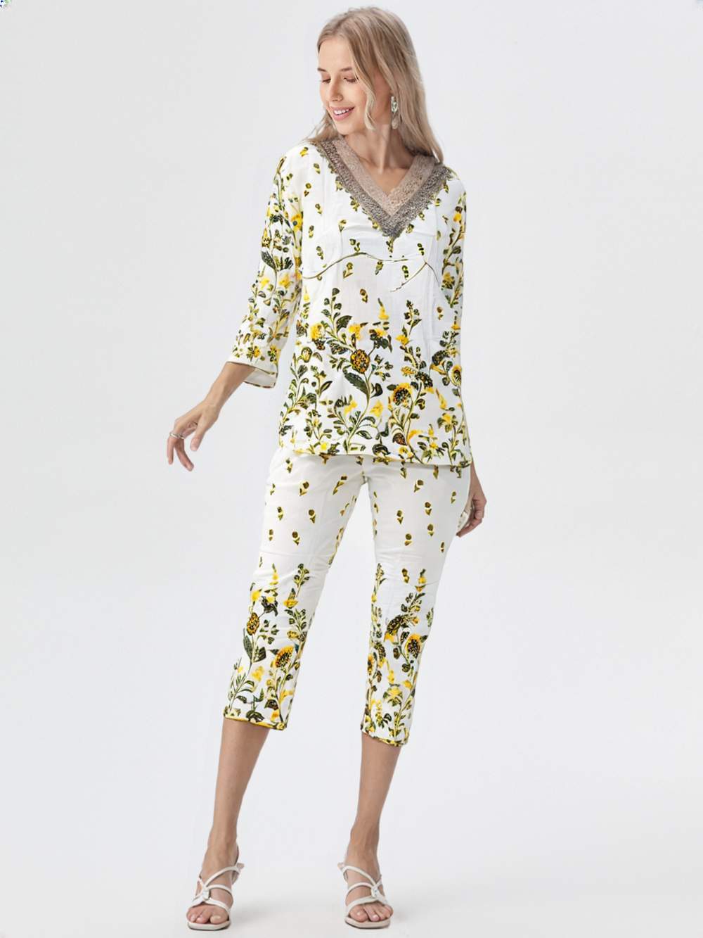 Sunflower Yellow Floral Co-Ord Set with Crochet Lace Neck – Summer Cotton Coord for Women