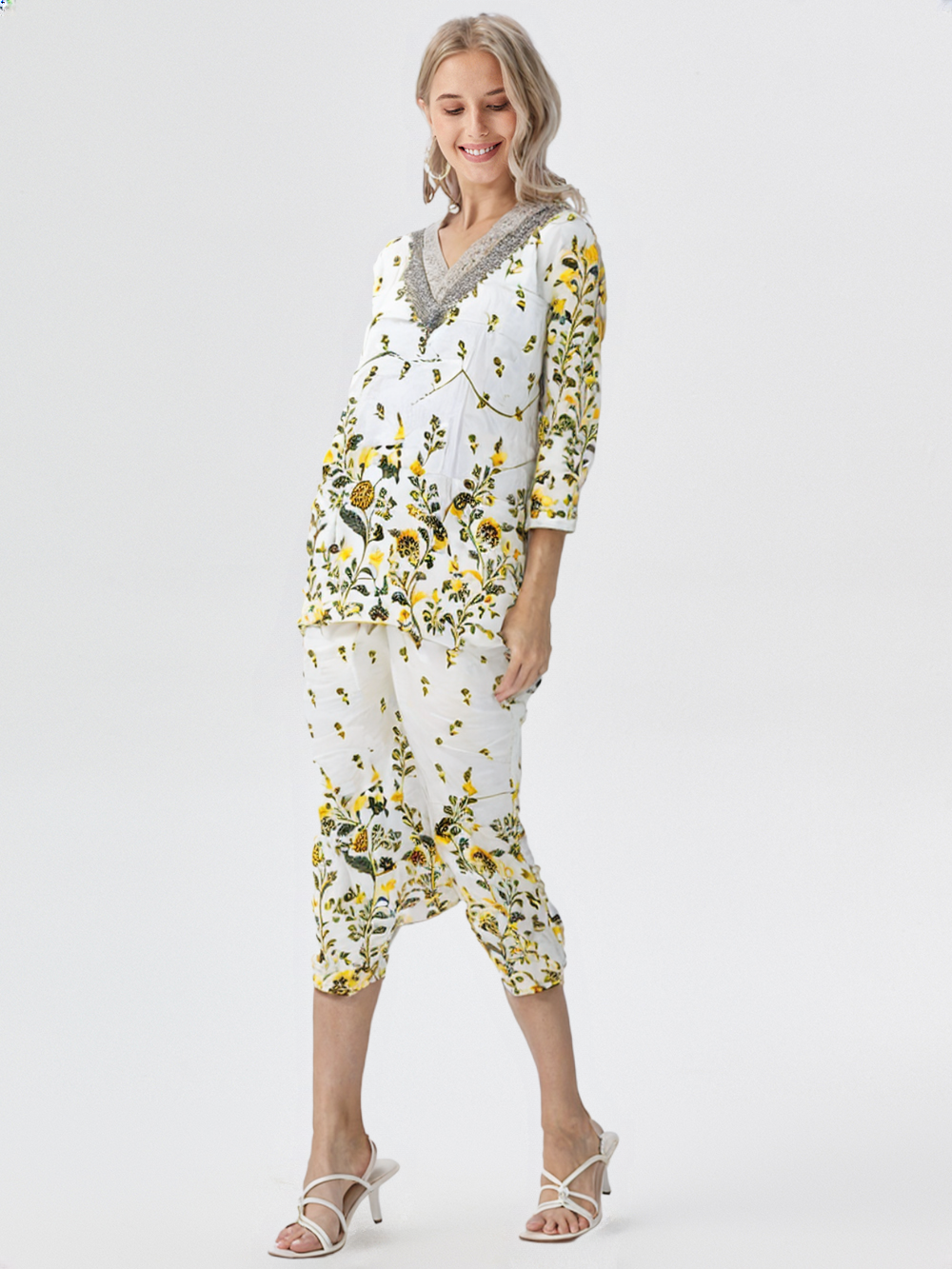 Sunflower Yellow Floral Co-Ord Set with Crochet Lace Neck – Summer Cotton Coord for Women