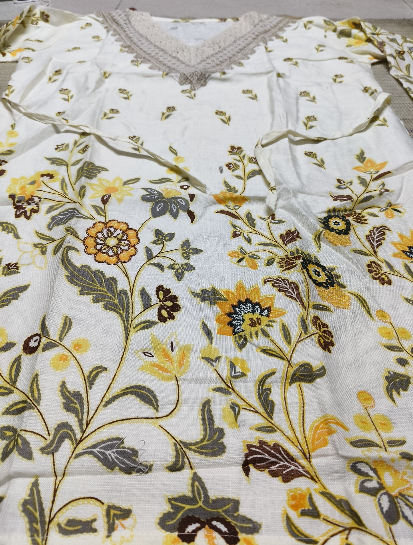 Sunflower Yellow Floral Co-Ord Set with Crochet Lace Neck – Summer Cotton Coord for Women