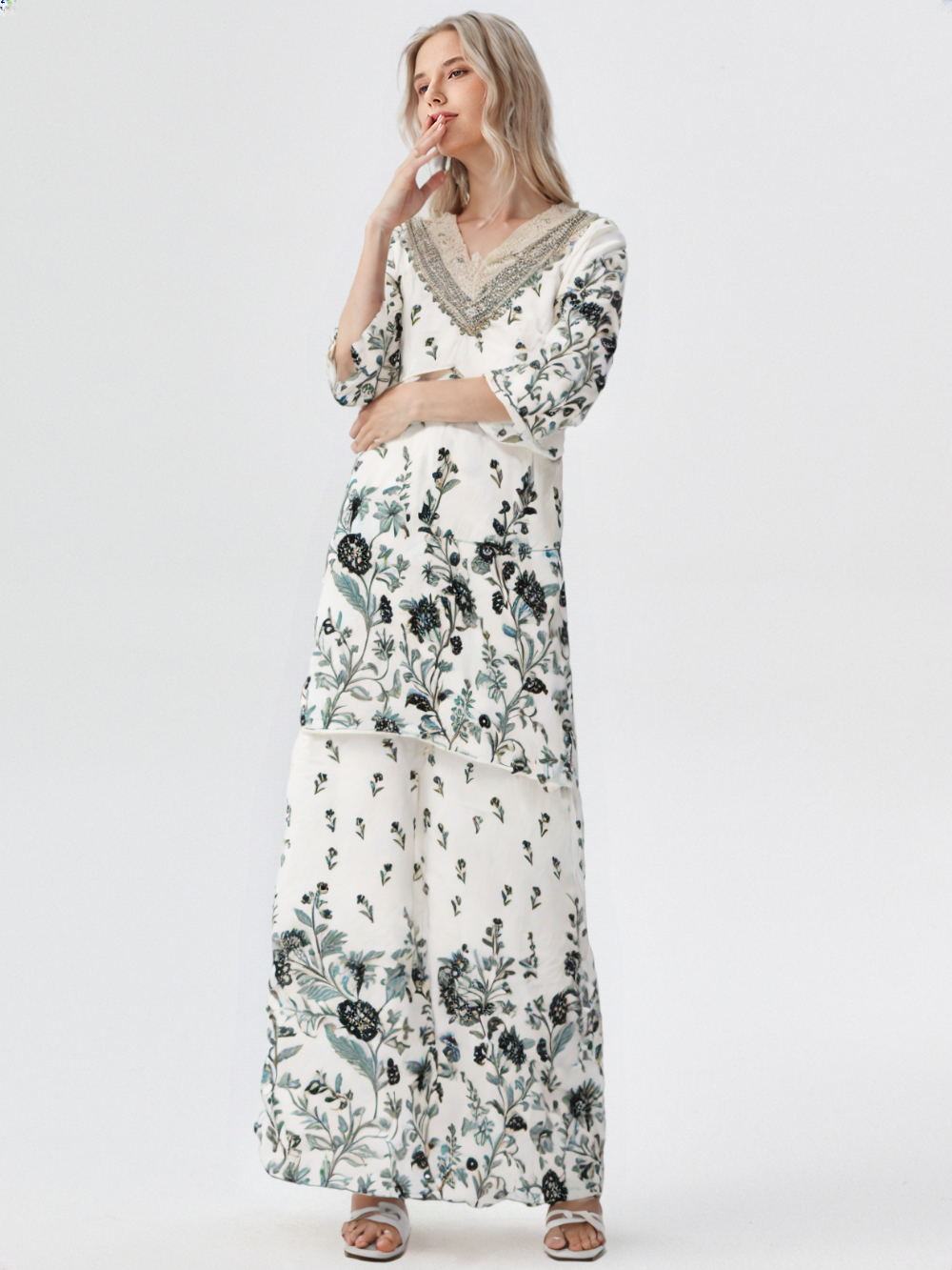 Elegant White & Grey Floral Cotton Co-Ord Set for Women – Lace Neck Design | Summer Casual Wear