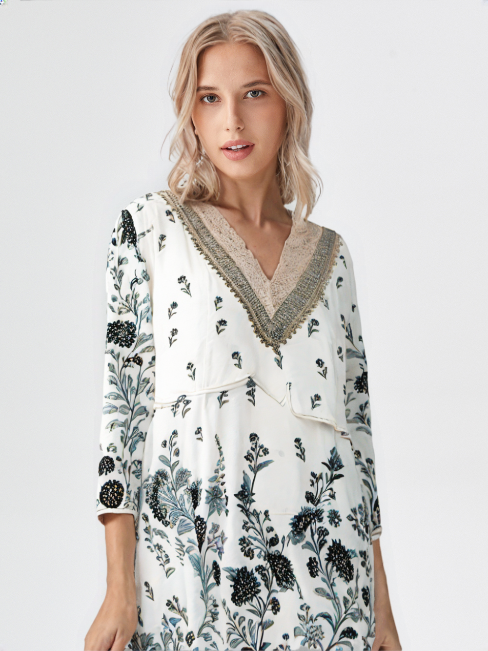Elegant White & Grey Floral Cotton Co-Ord Set for Women – Lace Neck Design | Summer Casual Wear