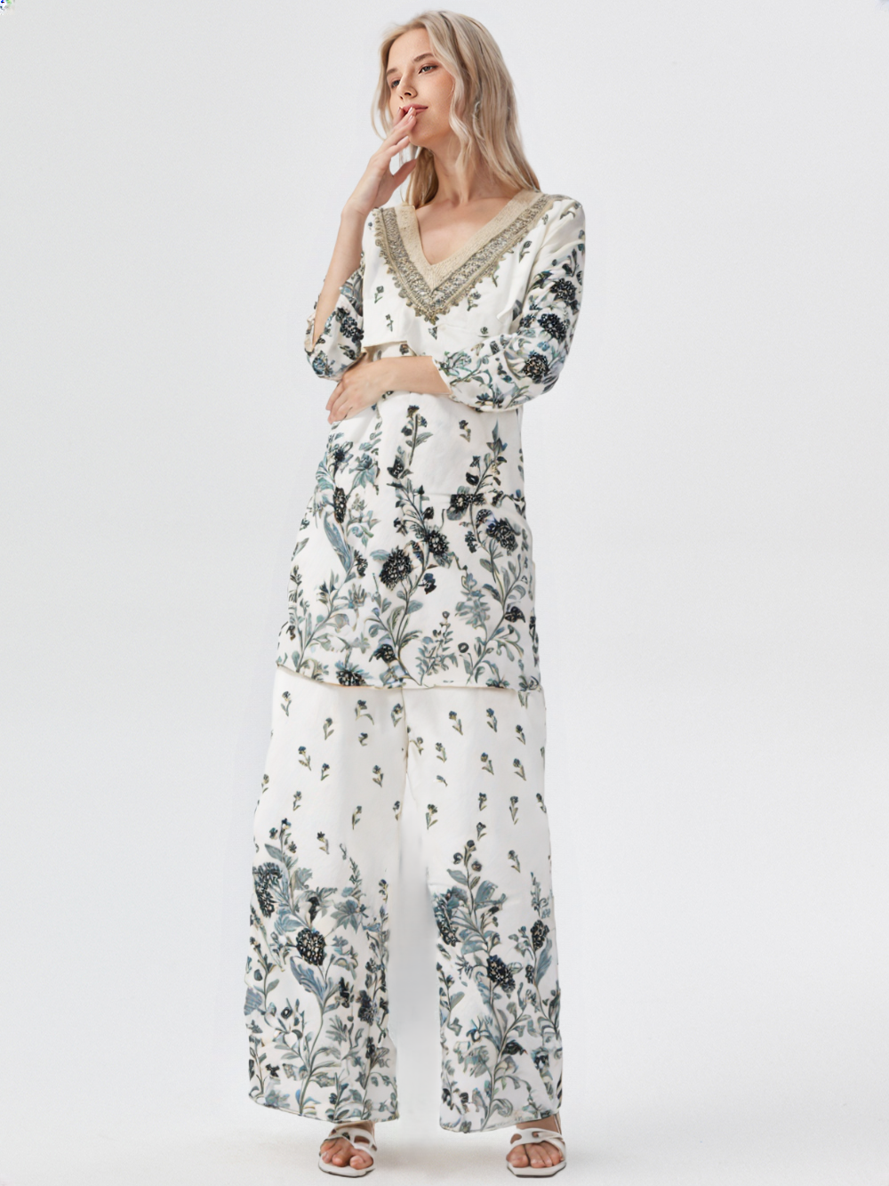 Elegant White & Grey Floral Cotton Co-Ord Set for Women – Lace Neck Design | Summer Casual Wear
