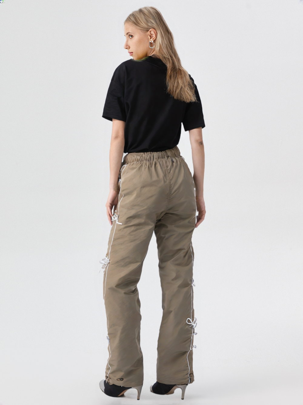 Stylish Olive green Bow String Track Pants – Relaxed Fit | Streetwear Casual for Women’s