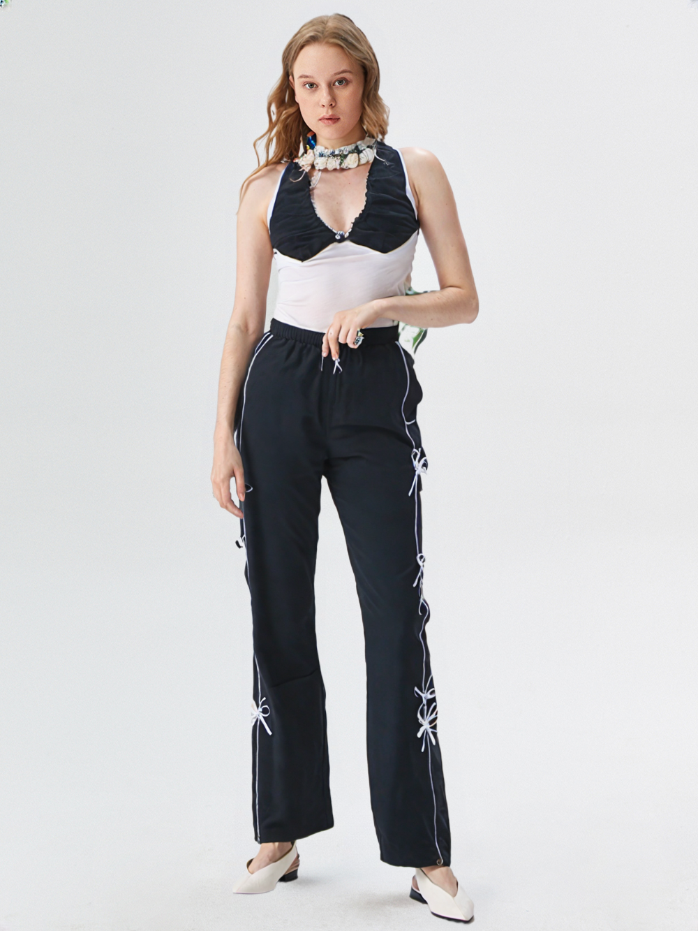 Stylish Black Bow String Track Pants – Relaxed Fit | Streetwear Casual for Women's