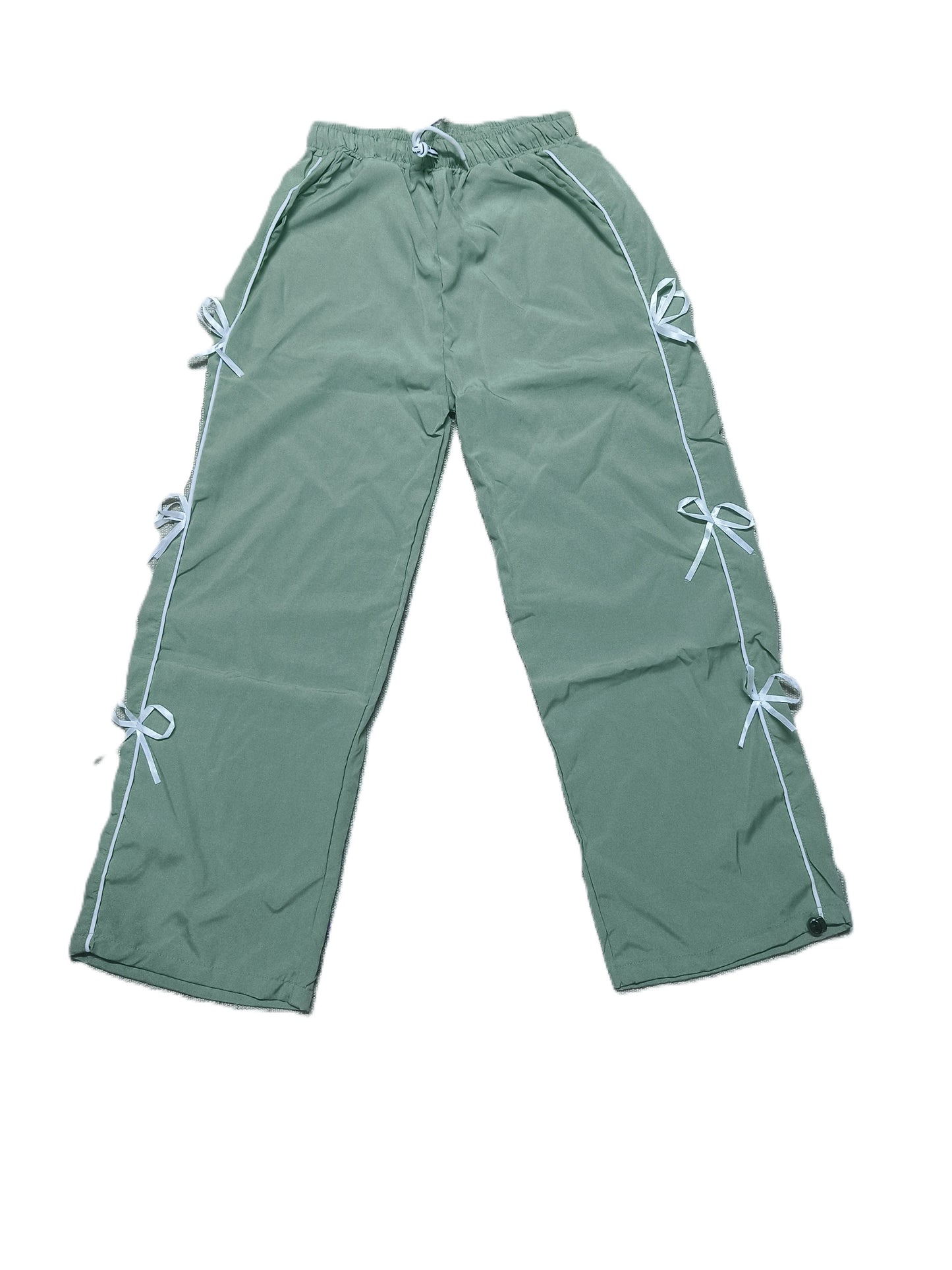 Stylish Light Green Bow String Track Pants – Relaxed Fit | Streetwear Casual for Women's
